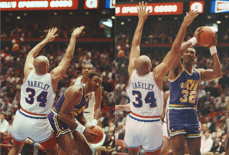 Charles Barkley guards Karl Malone. (Photo credit: George Widman/AP)